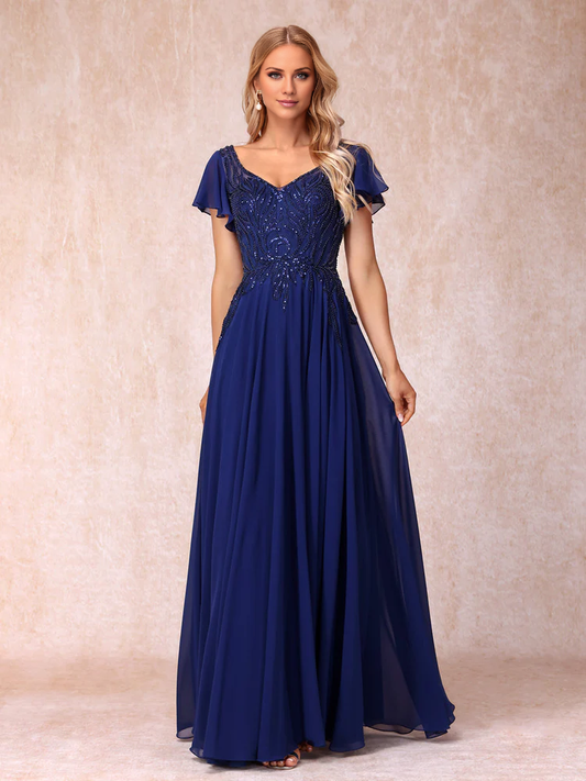 A-line/Princess V-neck short sleeved long formal mother of the bride dress