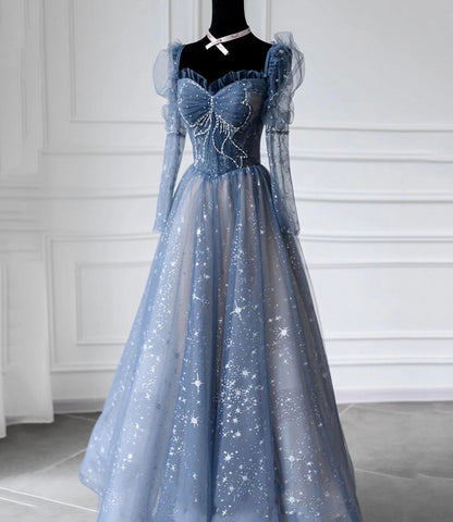 Blue tulle beads long prom dress A line evening dress  10402