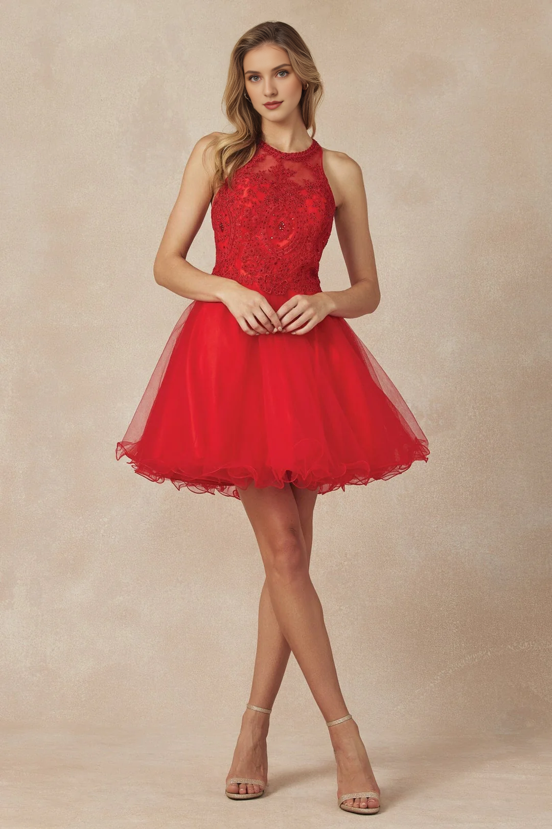 Lace applique short illusion hanging neck dress