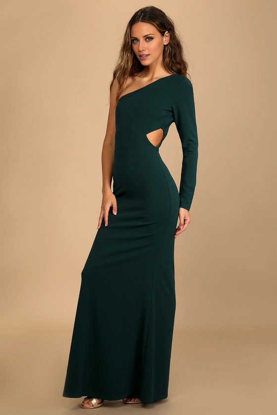 asymmetrical collar off shoulder long sleeved backless and floor length evening dress