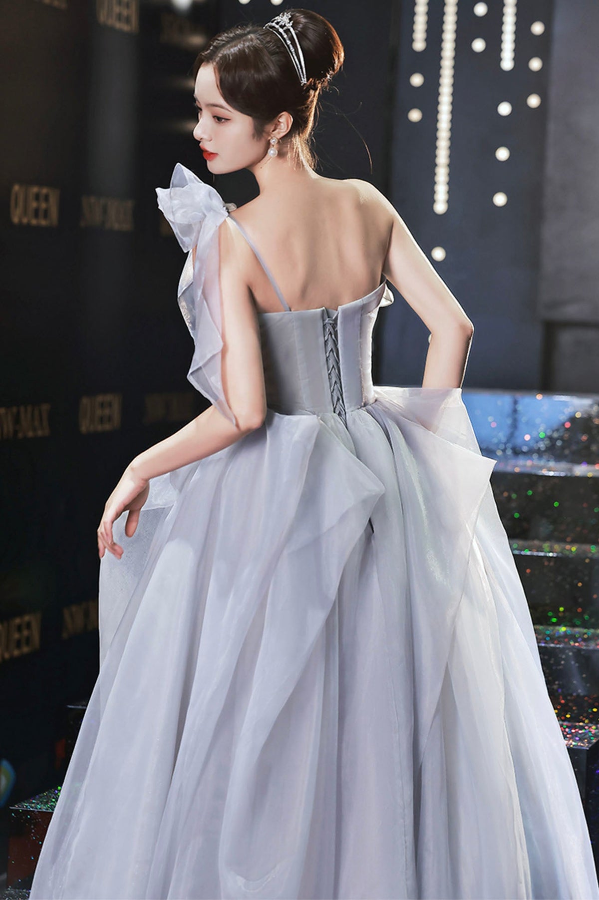 Gray tulle long A line prom dress gray evening dress  10625