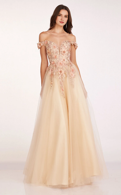 A-line V-neck off shoulder 3D decal chiffon and floor length Prom dress
