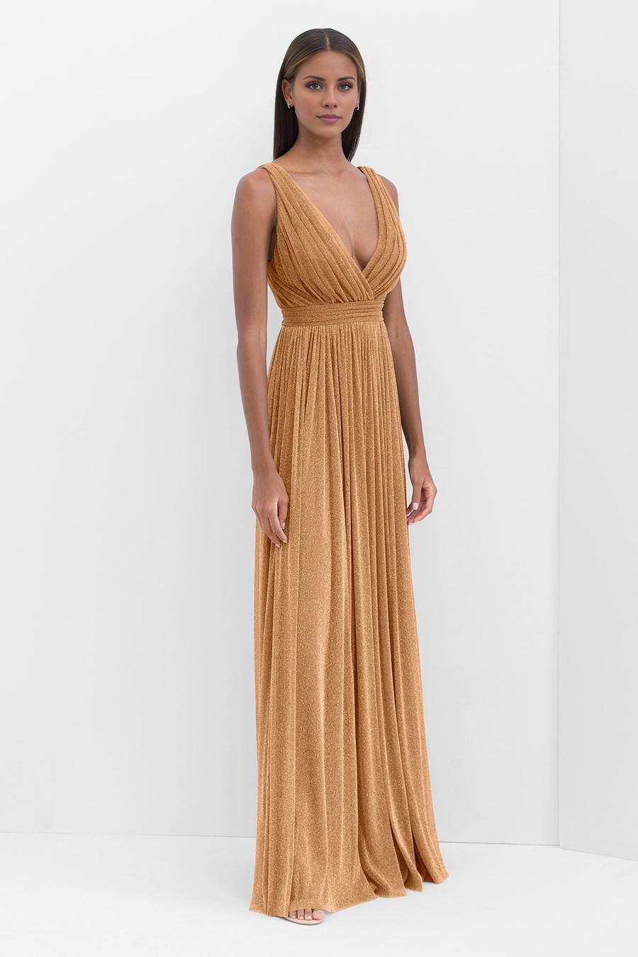 deep V-neck sleeveless pleated backless and floor length evening dress