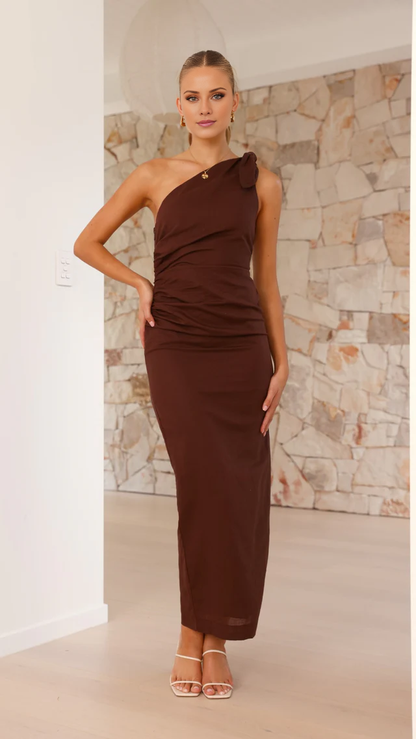 One Shoulder Sleeveless Off Shoulder Bow Detail Side Split Long Prom Dress