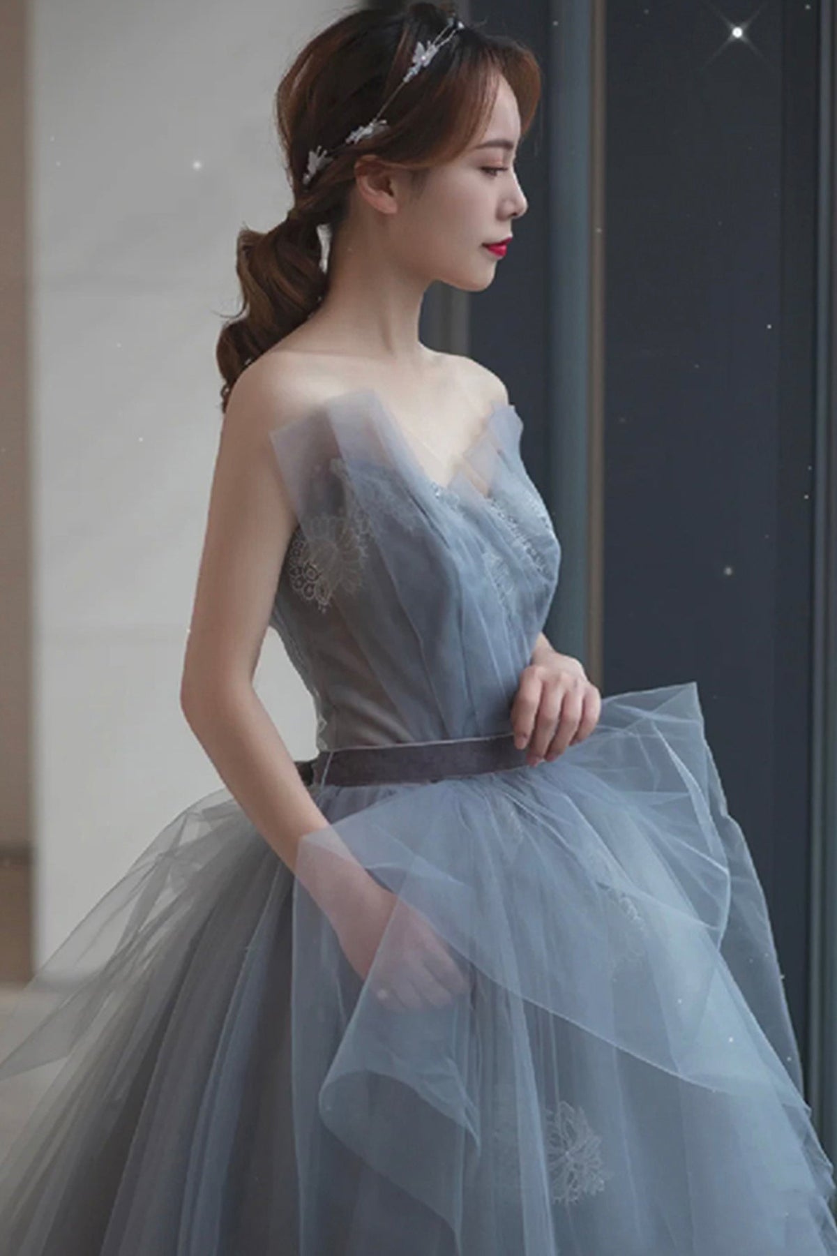 Gray tulle lace long A line prom dress evening dress  8682