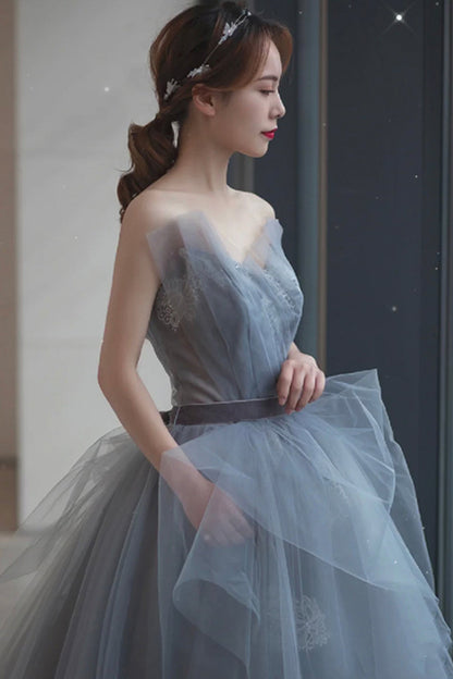 Gray tulle lace long A line prom dress evening dress  8682