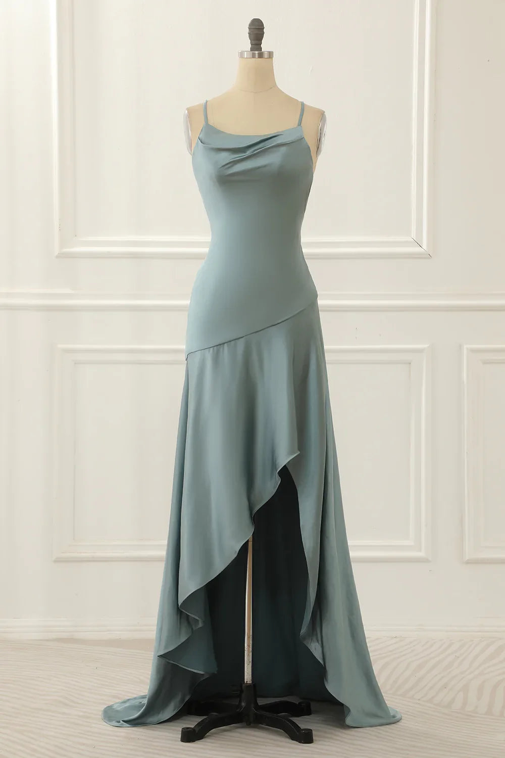 Thin shoulder strap satin high-low ball dress