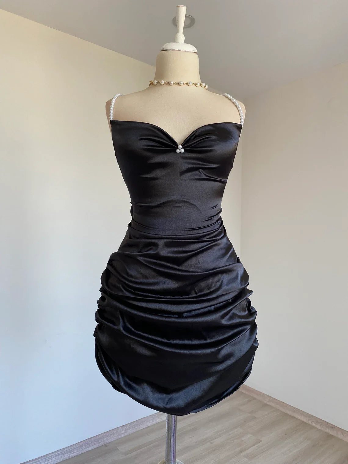 satin backless pleated detail back strap short Homecoming dress
