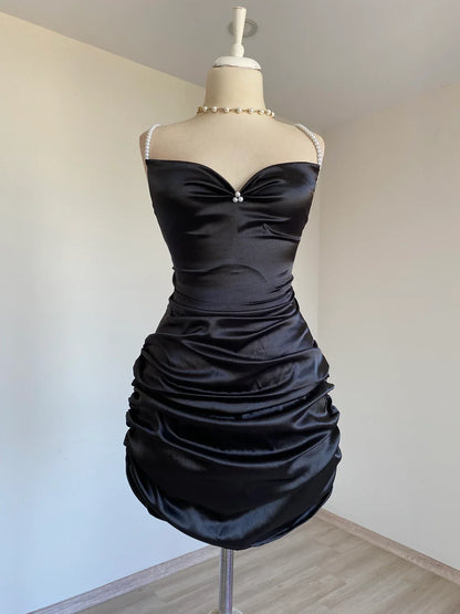 satin backless pleated detail back strap short Homecoming dress