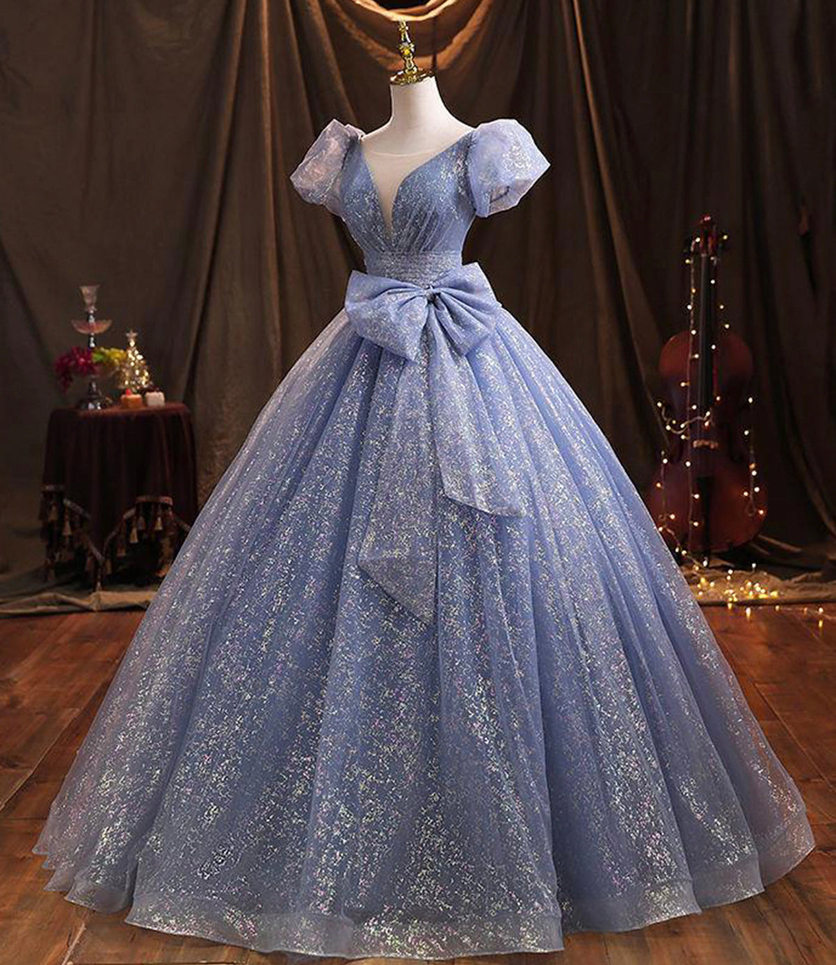 Blue tulle long prom dress A line evening gown  10229