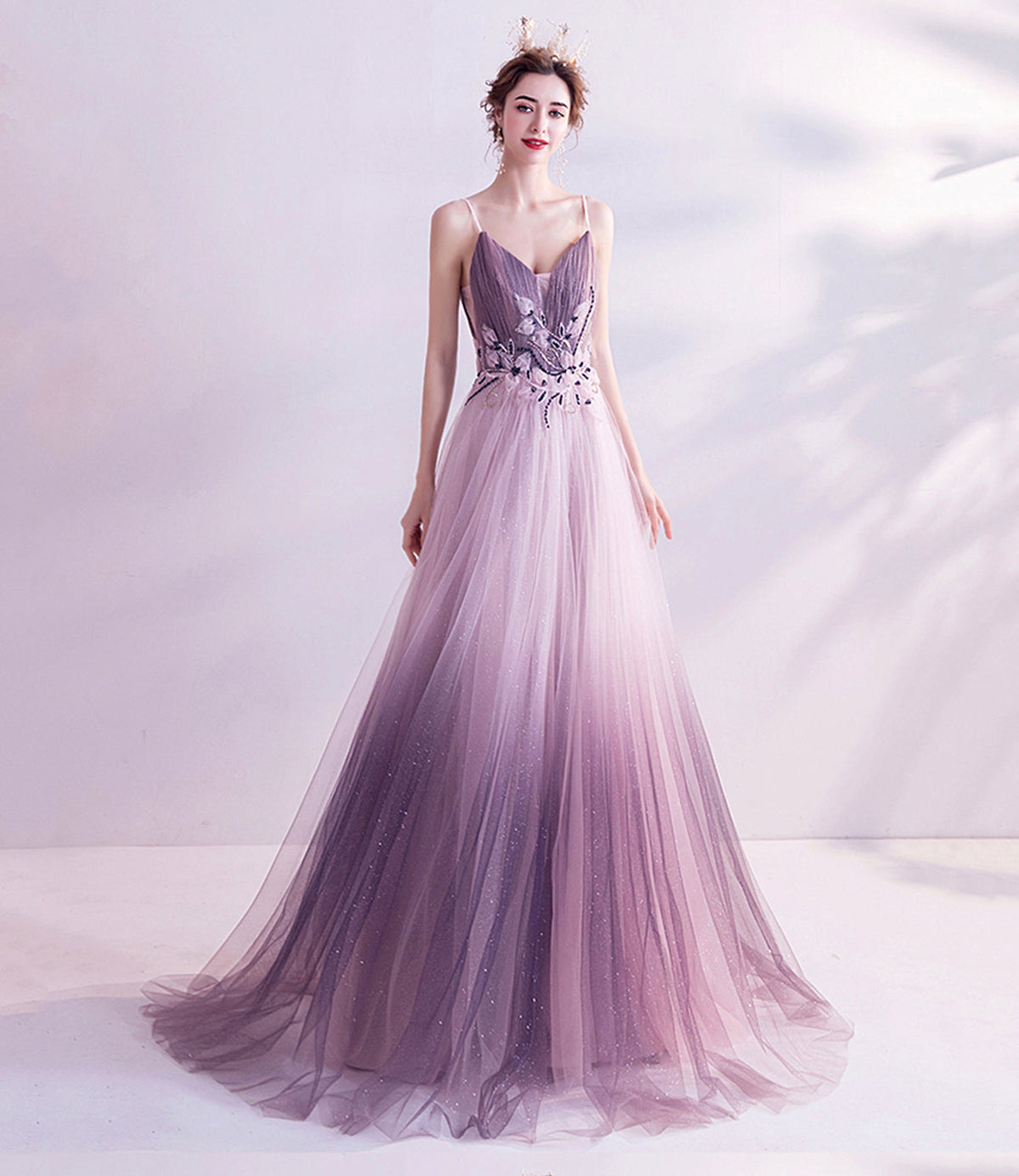 Purple tulle sequins long prom dress purple evening dress  10479