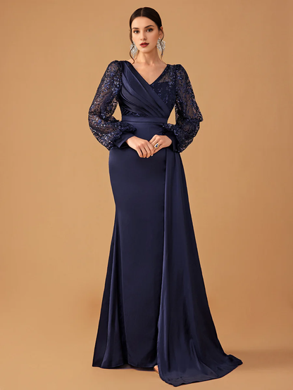 Lantern sleeve wrapped body splicing and ground length godons evening dresses