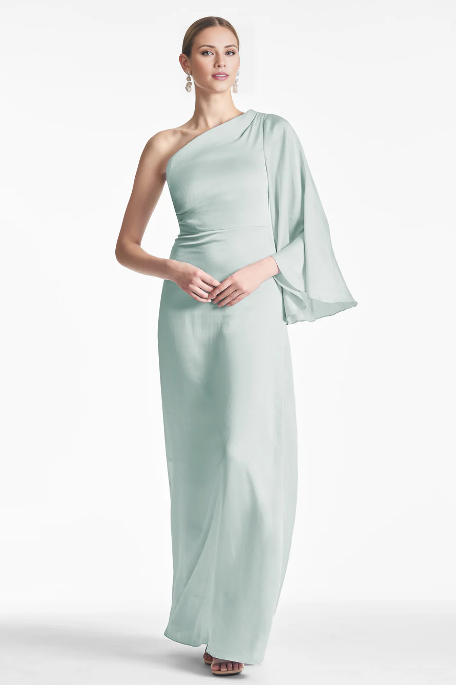 asymmetrical neckline off shoulder long sleeved backless and floor length Prom dress