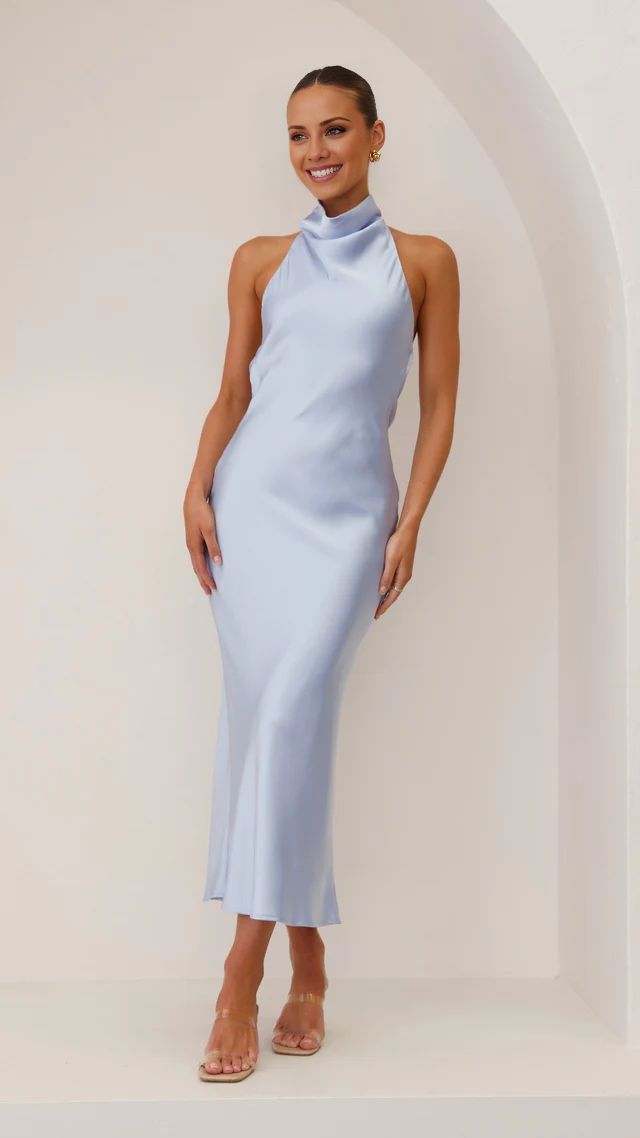 high neck with exposed back strap and floor length Prom dress