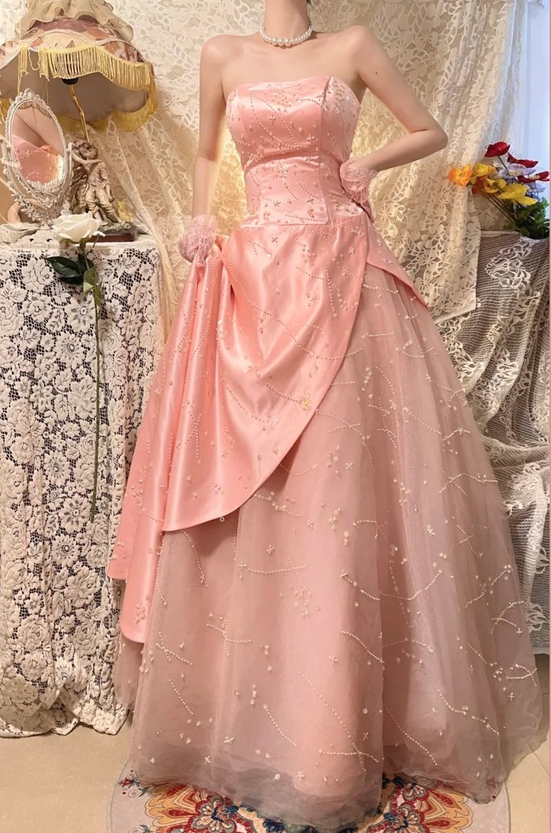 Gorgeous Full Body Bead Decoration Pink Beaded Elegant Long Satin Ball Gown Evening Dress Party Dress gh4466