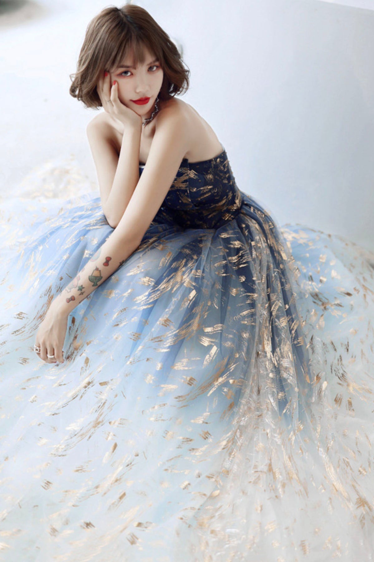 Blue tulle long prom dress blue evening dress  10590