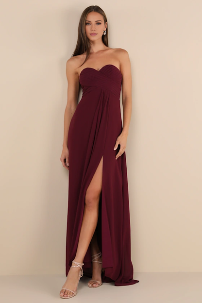 off shoulder collar sleeveless strapless backless side slit and floor length evening dress