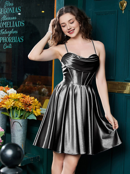Thin shoulder strap tied with satin mini Homecoming dress