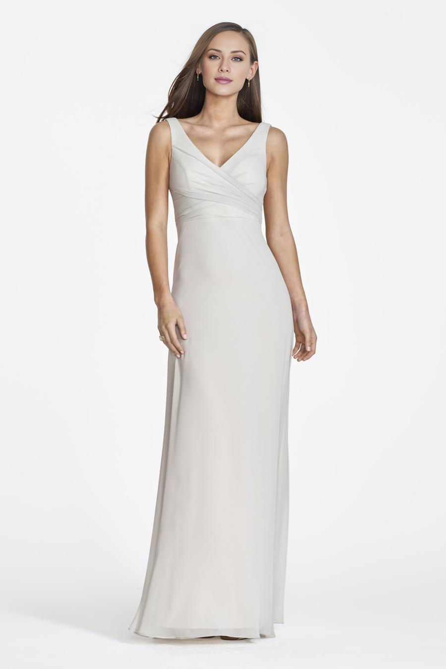 V-neck sleeveless pleated backless and floor length evening dress