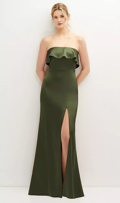 Soft ruffled edge strapless front slit horn and floor length Prom dress