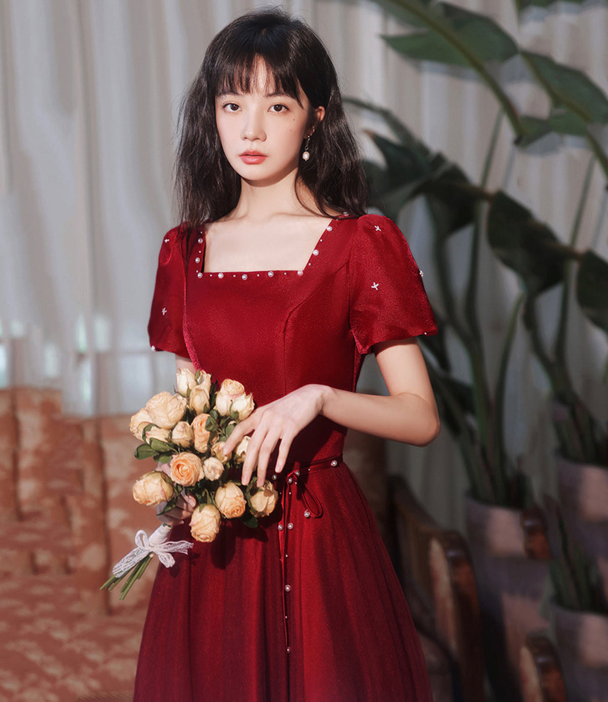 Burgundy satin tulle long prom dress A line evenig dress  10383