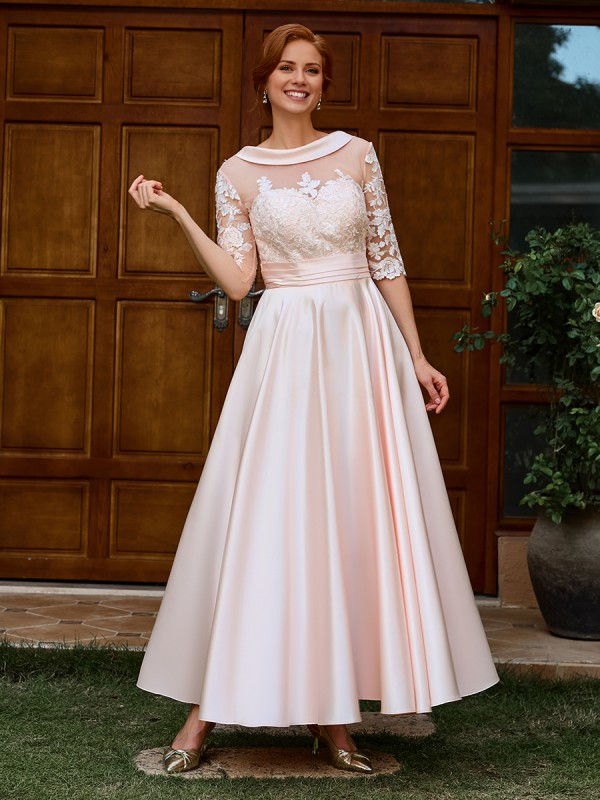 A-line round neck 1/2 sleeve appliqu é lace and ankle satin mother of the bride dress
