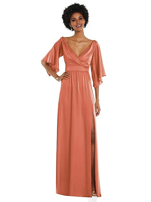 V-neck off shoulder long sleeved backless side slit and floor length Prom dress
