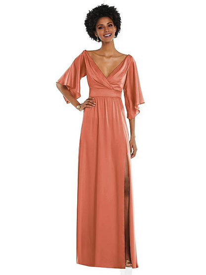 V-neck off shoulder long sleeved backless side slit and floor length Prom dress