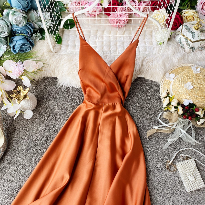 Elegant V Neck Satin A Line Dress Fashion Dress  10857