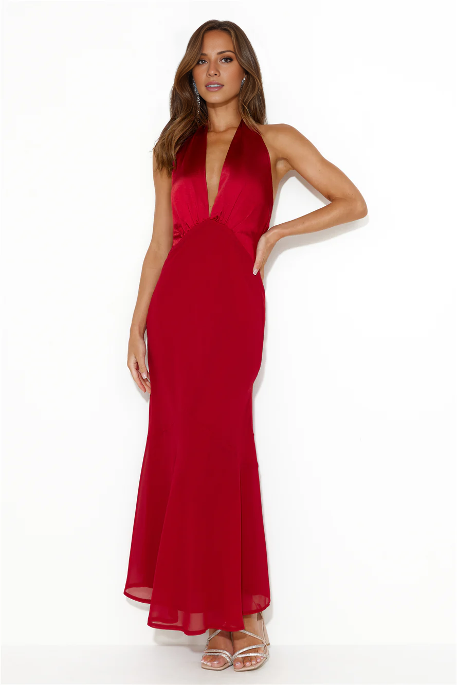 deep V-neck hanging satin backless long Prom dress
