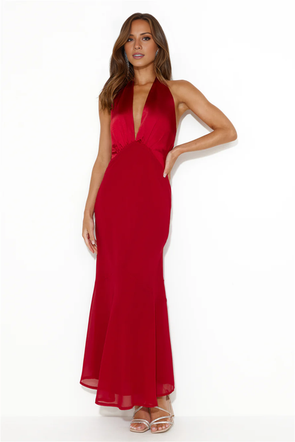 deep V-neck hanging satin backless long Prom dress
