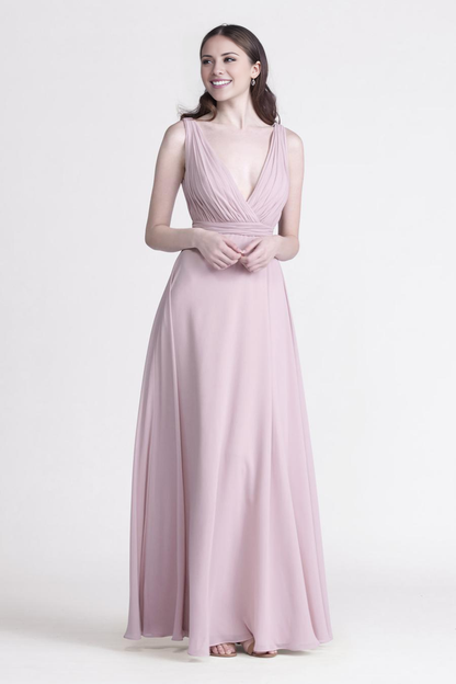 V-neck pleated detail with backless side slit and floor length even dress