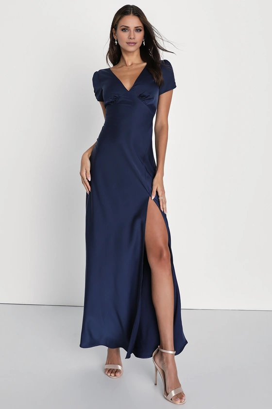 V-neck short sleeved backless side slit and floor length evening dress