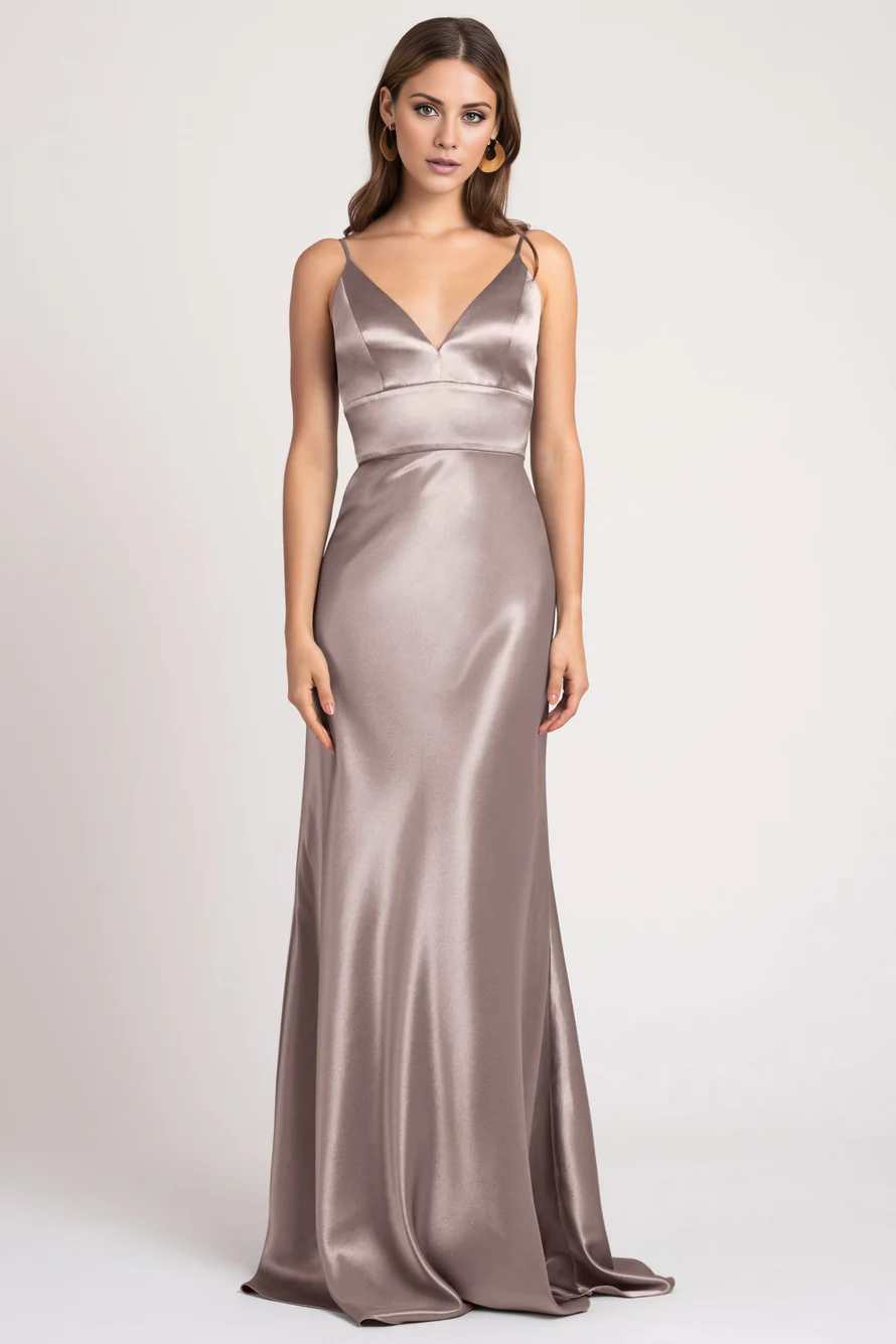 V collar off shoulder sleeveless thin shoulder strap backless and floor length evening dress