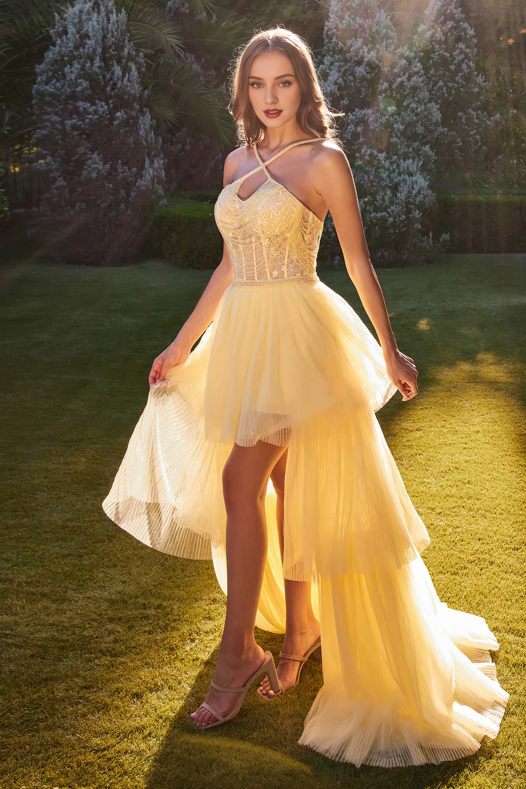 Beaded long neck hanging tight corset dress