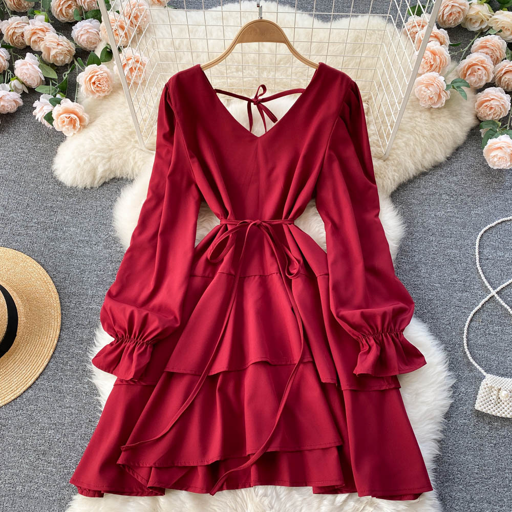 Simple V Neck Long Sleeve Dress Fashion Dress  10775