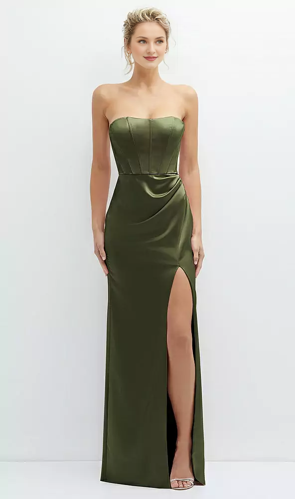Strapless open seam tight corset satin Prom dress