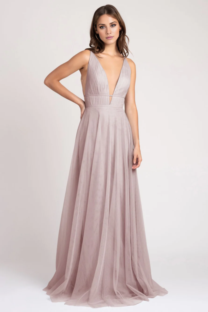 deep V-neck sleeveless thin shoulder strap backless and floor length Prom dress