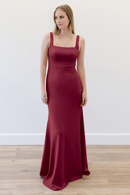 square neckline sleeveless solid color minimalist and floor length evening dress