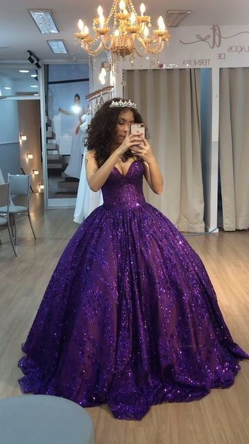 Purple sequined suspenders low-cut sexy waisted puffy skirt dress, prom dress R5376