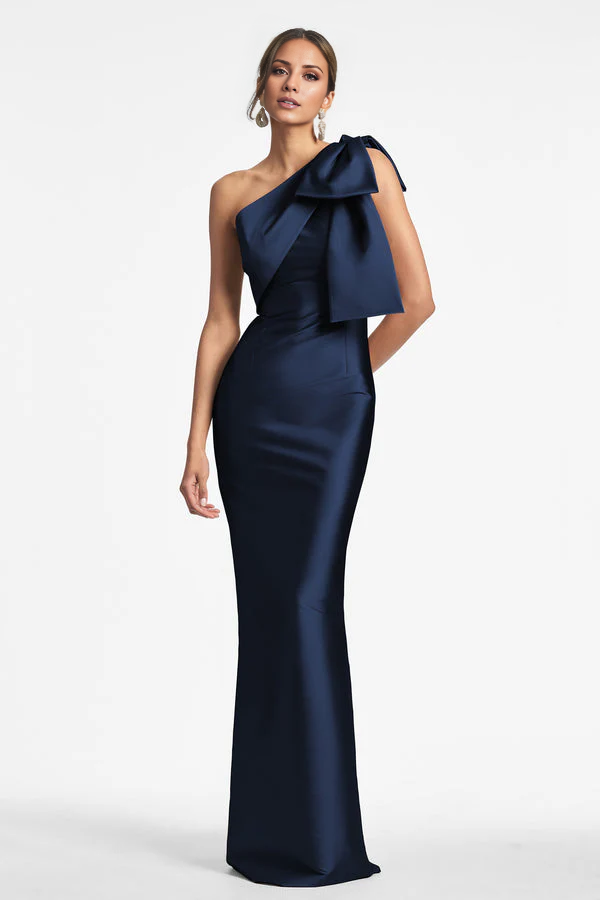 asymmetrical neckline off shoulder sleeveless bow detail backless and floor length Prom dress