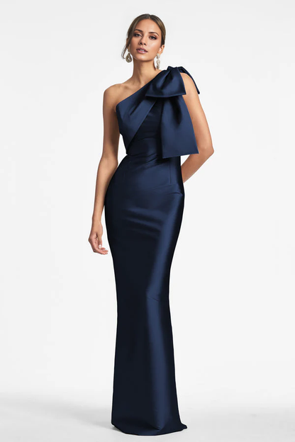 asymmetrical neckline off shoulder sleeveless bow detail backless and floor length Prom dress