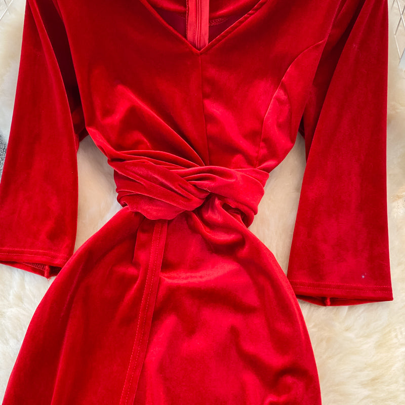 Stylish V Neck Velvet Long Dress Fahsion Dress  10938