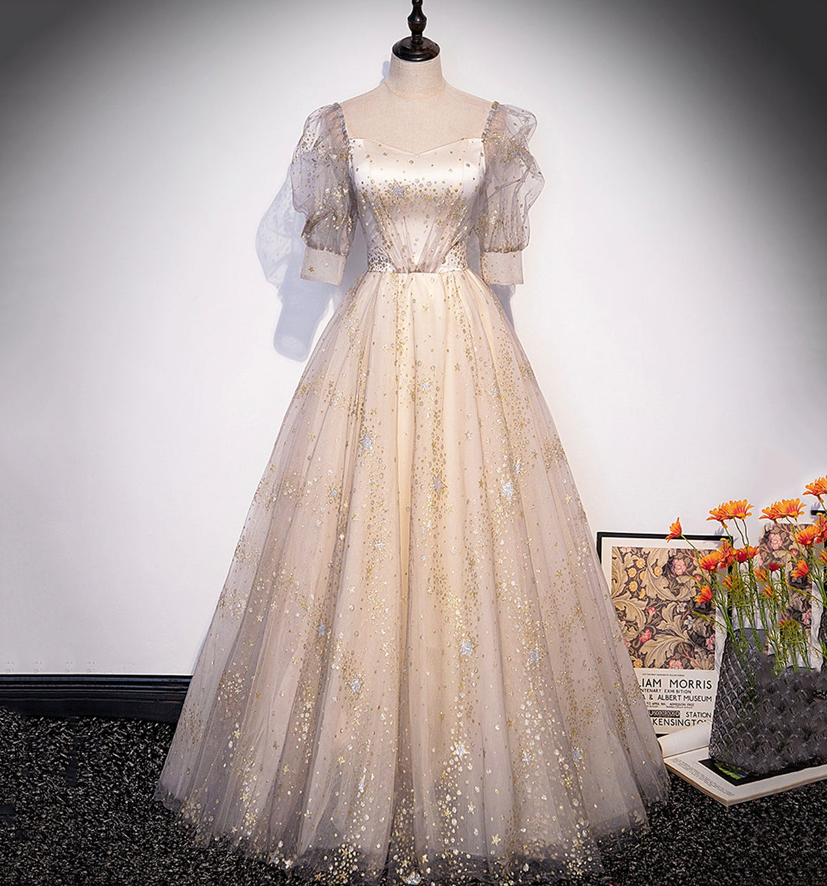 Champagne tulle sequins long prom dress evening gown  10004