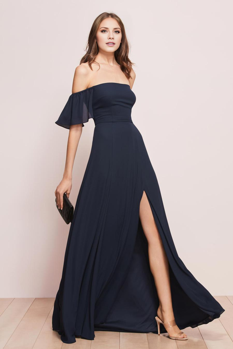 off shoulder collar sleeveless backless side slit and floor length evening dress