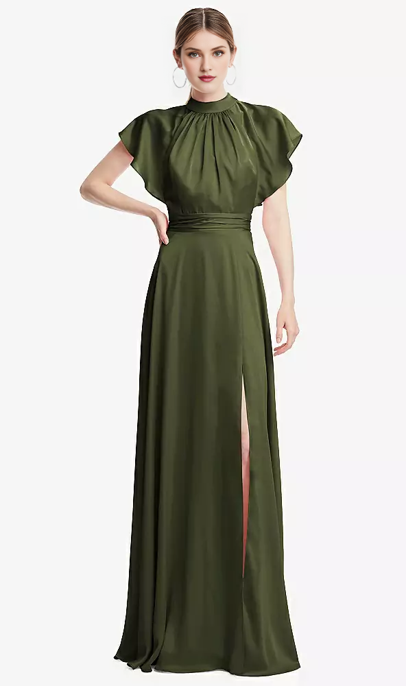 Wrinkled stand collar with ruffled sleeves backless long Prom dress