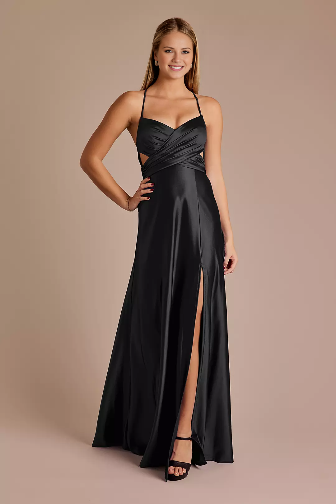 A-line V-neck satin thin shoulder strap with exposed back side slit and floor length Prom dress
