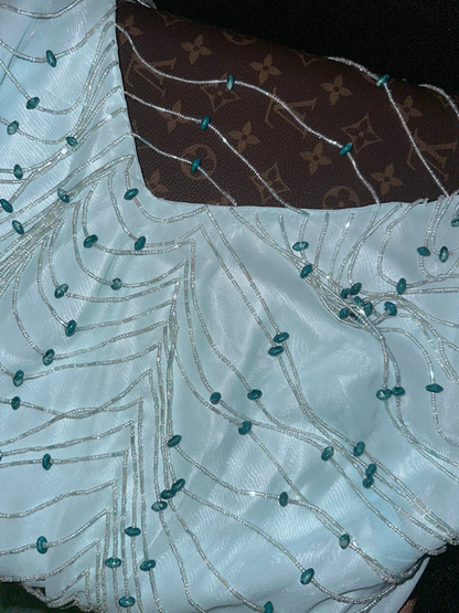 Light blue strapless satin long ball gown R6925