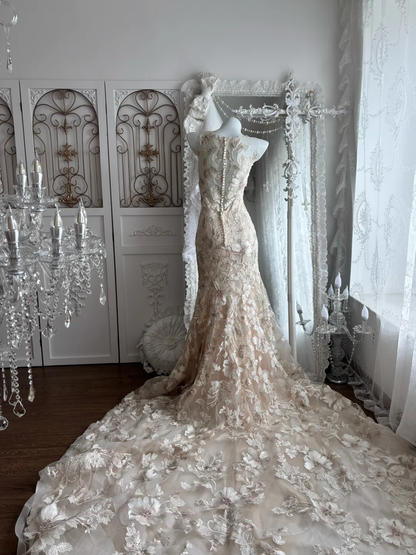 Light Champagne Waist-Cinched Lace Sexy Bodycon Mermaid Prom Gown, Evening Gown & Bridal Wedding Gown gh7344