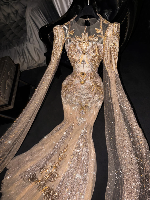 Gold sequined, fitted, bodycon, long, sexy ball gown/bridal dress R8703